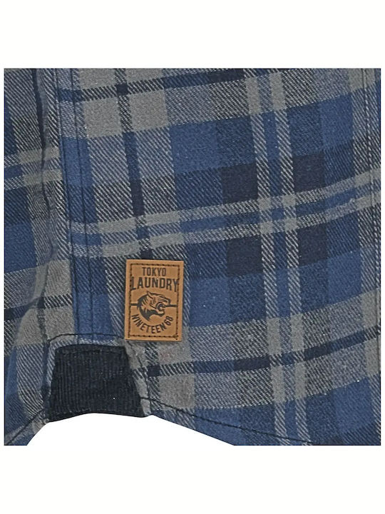 Tokyo Laundry Men's Shirt Long Sleeve Cotton Checked Navy Blue