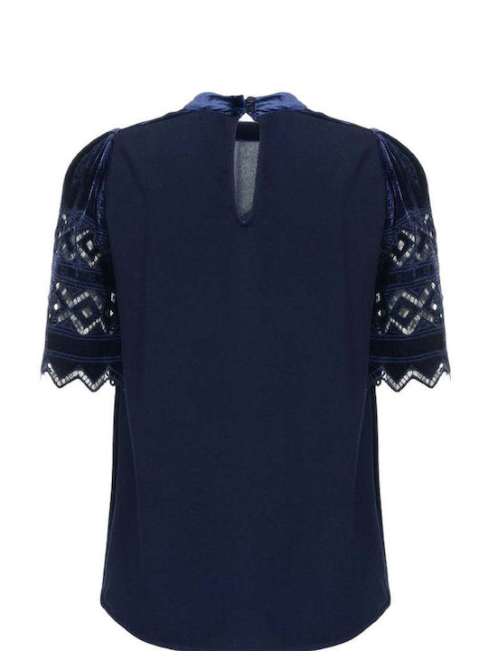 Pinko Women's Blouse Velvet Short Sleeve Navy Blue