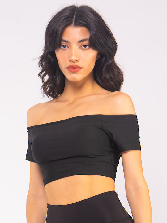 The Lady Women's Summer Crop Top Satin Short Sleeve with Boat Neckline Black