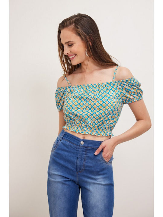 Enzzo Γυναικείο Crop Top Off-Shoulder Κοντομάνικο Καλοκαιρινό Πολύχρωμο