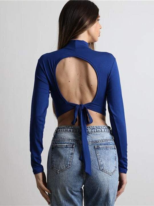 Chica pentru Femei Crop Top Guler cu guler înalt cu Mâneci Lungi Albastru