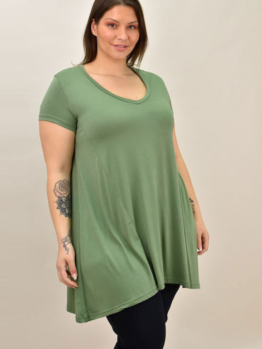 First Woman Women's Summer Blouse Short Sleeve with V Neck Green