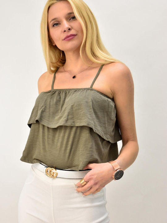 First Woman Women's Summer Blouse with Straps Khaki