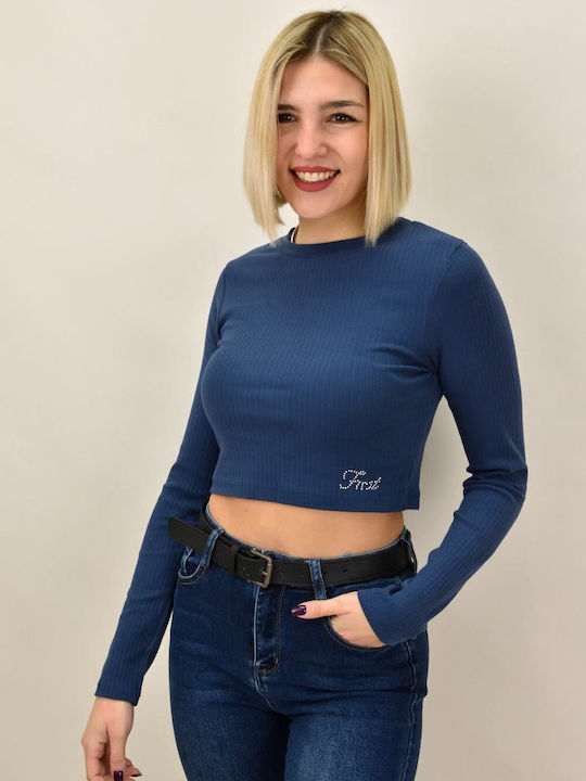 First Woman Damen Crop Top Baumwolle Langarm Marineblau