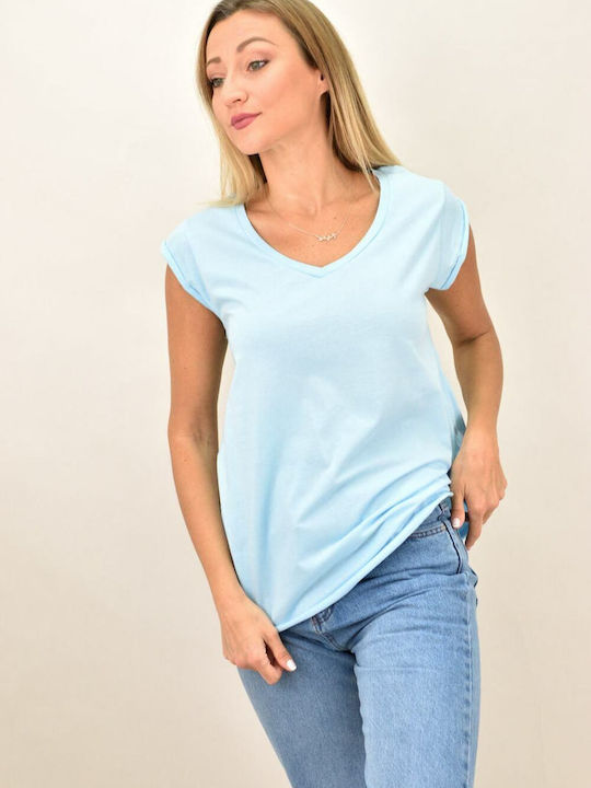 First Woman Women's Summer Crop Top Cotton Short Sleeve with V Neck Light Blue