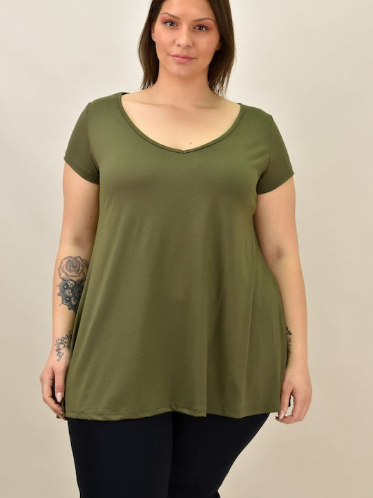 First Woman Women's Summer Blouse Short Sleeve with V Neckline Khaki