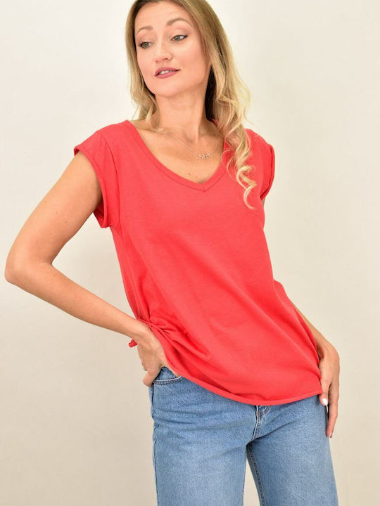 First Woman Γυναικείο T-shirt με V Λαιμόκοψη Κόκκινο