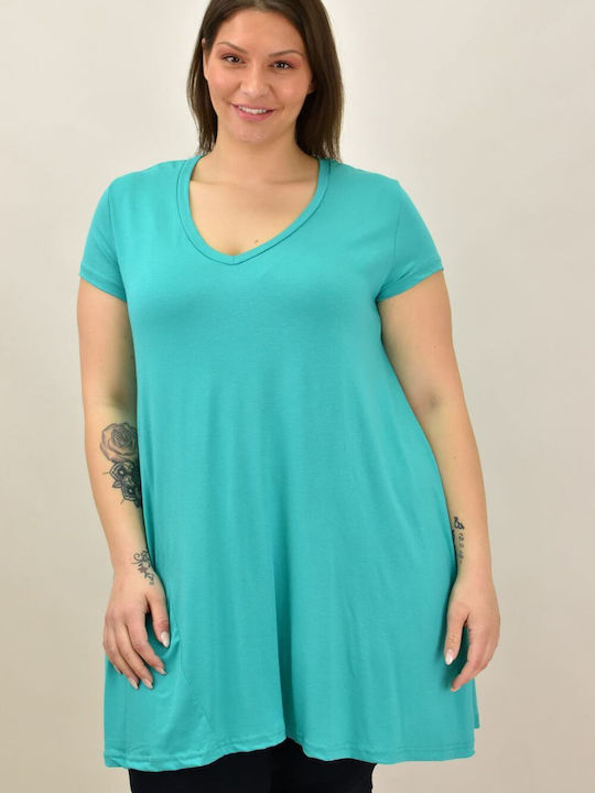 First Woman Γυναικείο Oversized T-shirt με V Λαιμόκοψη Γαλάζιο