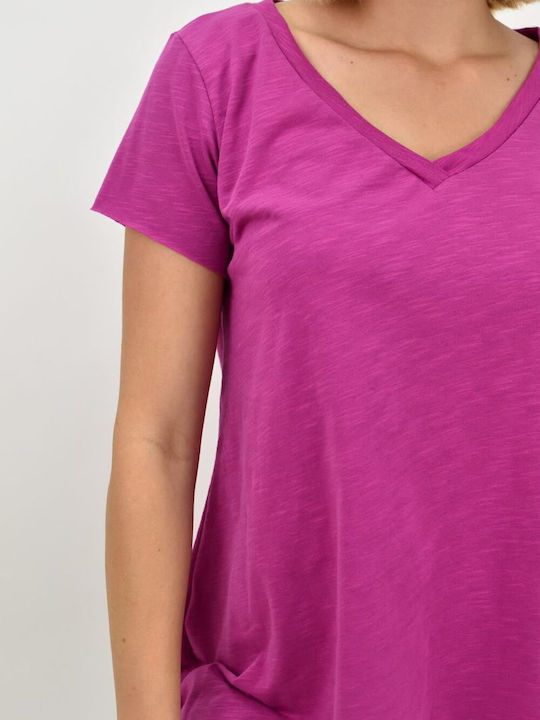 First Woman Women's Summer Blouse Cotton Short Sleeve with V Neckline Purple