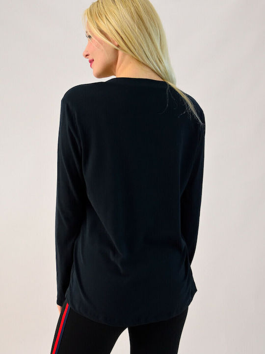 Bluza Damă Bumbac Mânecă Lungă cu Decolteu în V Neagră