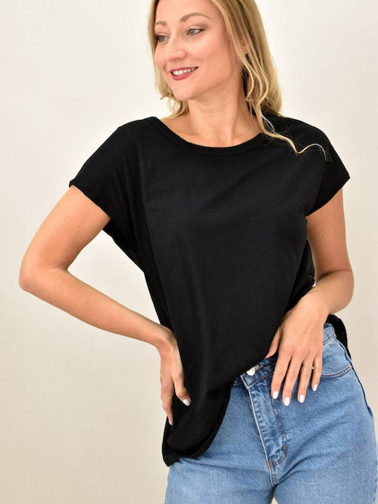 First Woman Women's Summer Blouse Cotton Short Sleeve with V Neckline Black