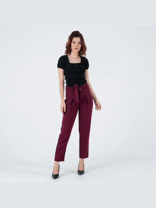 Noobass Women's Fabric Trousers in Straight Line Burgundy