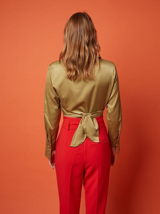 Women's Satin Long Sleeve Shirt Khaki