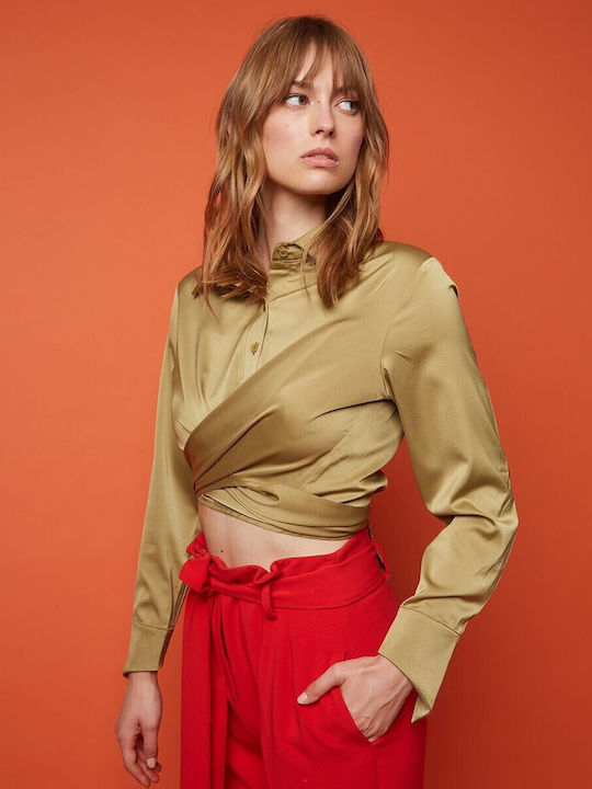 Women's Satin Long Sleeve Shirt Khaki