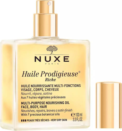 Nuxe Huile Prodigieuse Rich Multipurpose Organic and Dry Monoi Oil for Face, Hair, and Body 100ml