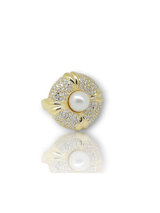 Mentzos Women's Gold Ring with Pearl & Zircon 14K