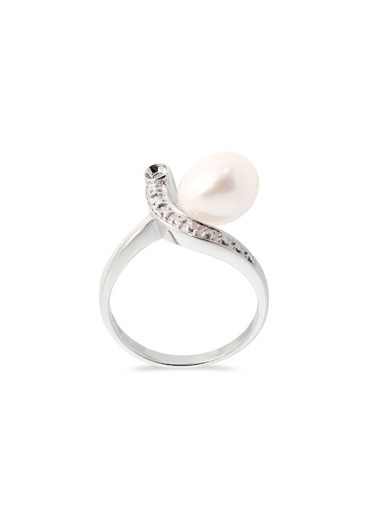 Margaritari Women's Silver Ring with Pearl & Diamond