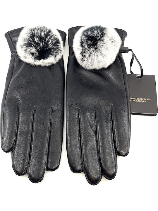 Women's Leather Touch Gloves with Fur Black