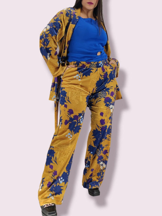 Women's Yellow Set with Pants with Elastic in Loose Fit Floral
