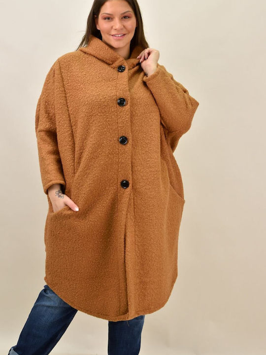 Potre Women's Curly Midi Coat with Buttons and Hood Tabac Brown