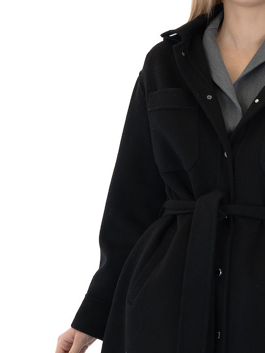 Μάλλινο Γυναικείο Μαύρο Overshirt με Κουκούλα