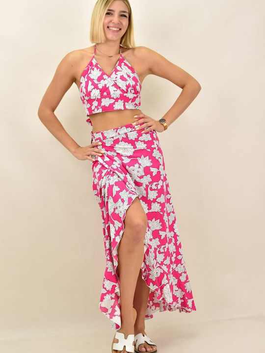 Set cu Cu talie înaltă Maxi Fustă Floral Fuchsia