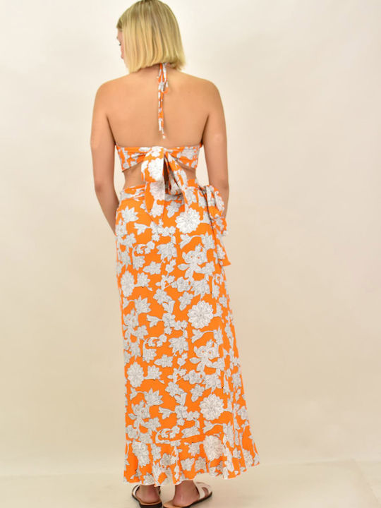 Set mit Hoch tailliert Maxi Rock Blumen Orange