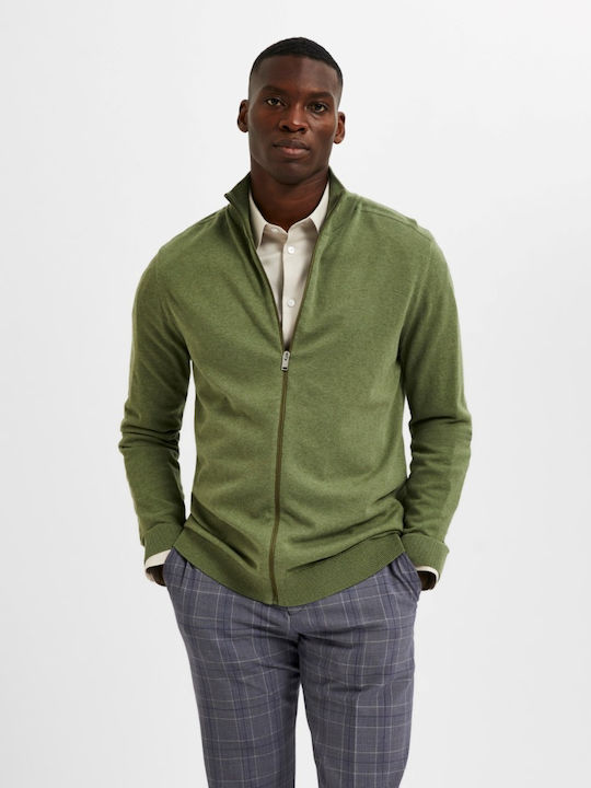Selected Men's Knitted Cardigan with Zipper Green