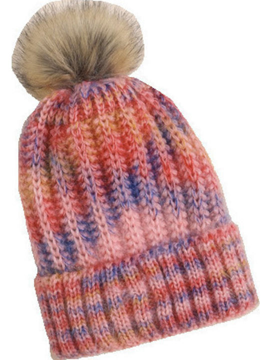 Pom Pom Beanie Unisex Σκούφος με Rib Πλέξη σε Ροζ χρώμα