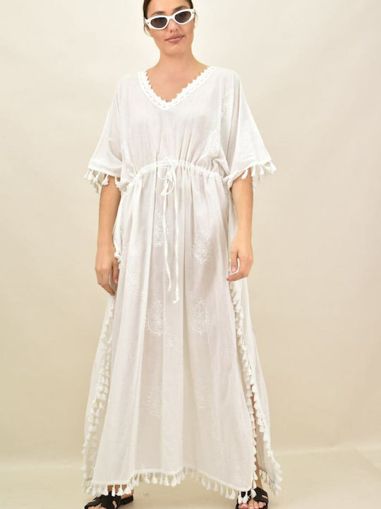 Potre Damen Maxi Kaftan Strand Weiß