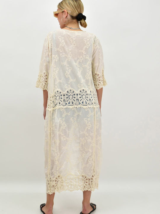 Potre Feminin Lung Kimono de Plajă Bej