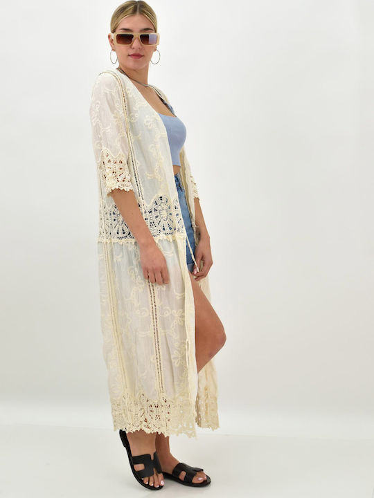 Potre Feminin Lung Kimono de Plajă Bej