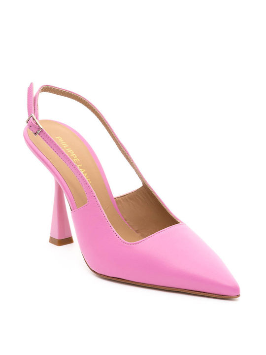 Philippe Lang Leather Pointed Toe Pink Heels with Strap