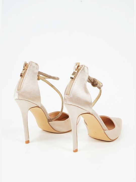 Piazza Shoes Pointed Toe Beige Heels with Strap