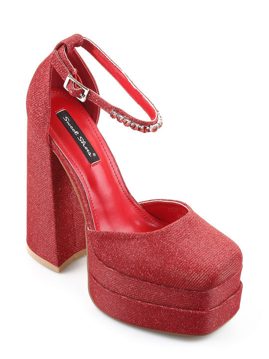 Fshoes Pointed Toe Red High Heels with Strap