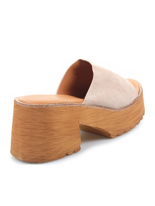 Suede Mules με Χοντρό Ψηλό Τακούνι σε Μπεζ Χρώμα