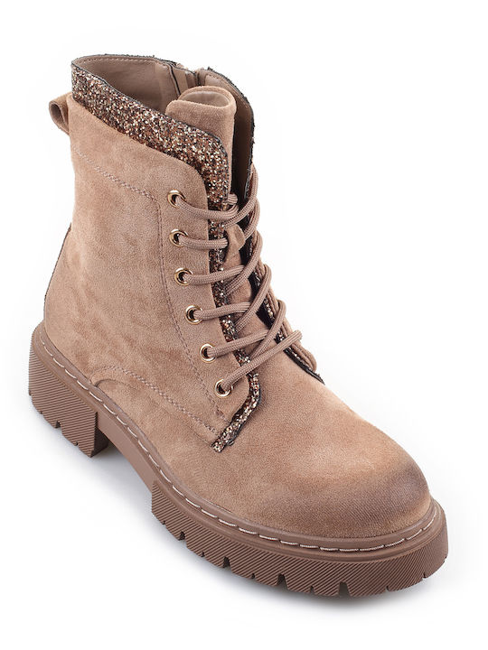 Fshoes Women's Suede Combat Boots Beige