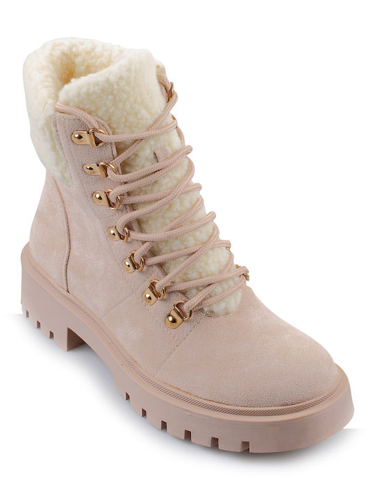 Fshoes Women's Suede Combat Boots with Fur Beige