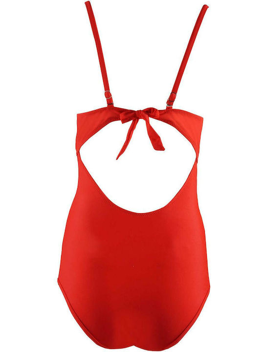 G Secret Slim Strap Padded Swimsuit with Mesh Red