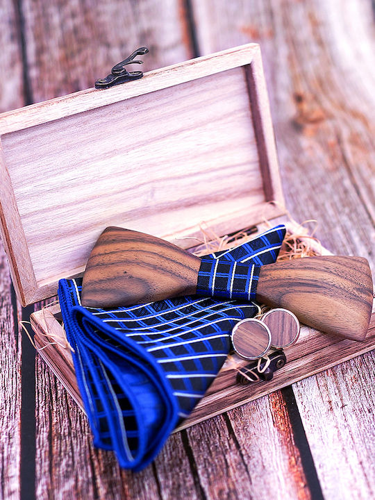 Legend Accessories Wooden Bow Tie Set with Cufflinks and Pochette Navy Blue