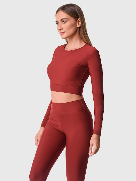 Superstacy Damen Sportliches Crop Top Langarm Schnell trocknend Burgundisch