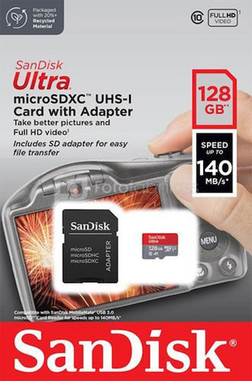 Sandisk Ultra microSDXC 128GB U1 A1 UHS-I 140MB/s με αντάπτορα