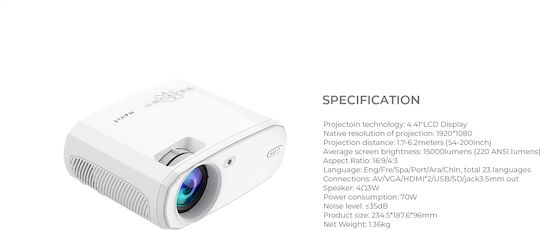 Havit Mini Projector LCD Full HD Standard Lamp with Wi-Fi and Built-in Speakers White