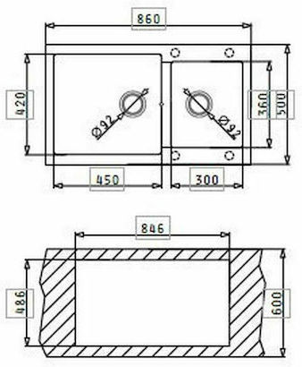 Pyramis Alazia 1 3/4B 070037611 Drop-In Мивка Ляв от Синтетичен Гранит Ш86xД50см Желязно сиво