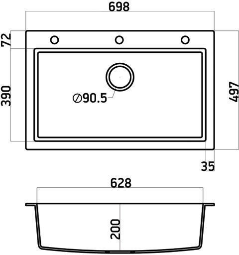 Crown Quadra Q70 6770-170 Drop-In Sink Synthetic Granite W70xD50cm Nero