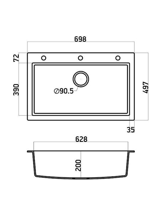 Crown Quadra Q70 6770-150 Drop-In Spüle aus Verbundgranulat B70xT50cm Titanium