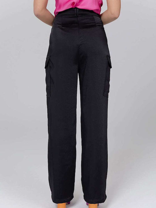 Twenty 29 Women's High-waisted Fabric Cargo Trousers in Straight Line Black