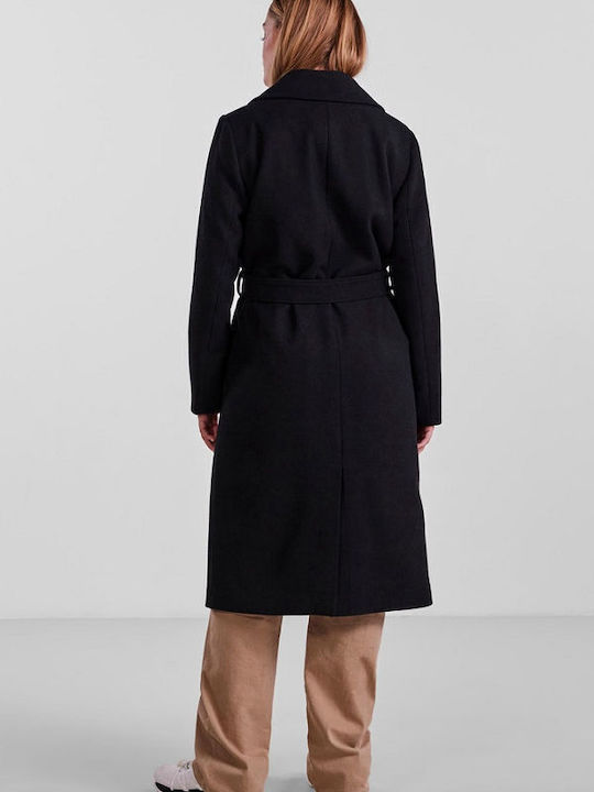 Pieces Women's Wool Midi Coat with Belt Black