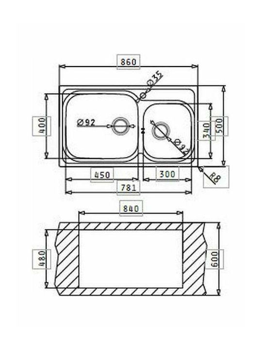 Pyramis Amaltia Plus 2B Ένθετος Νεροχύτης Αριστερός Inox Σατινέ Μ86xΠ50cm Ασημί