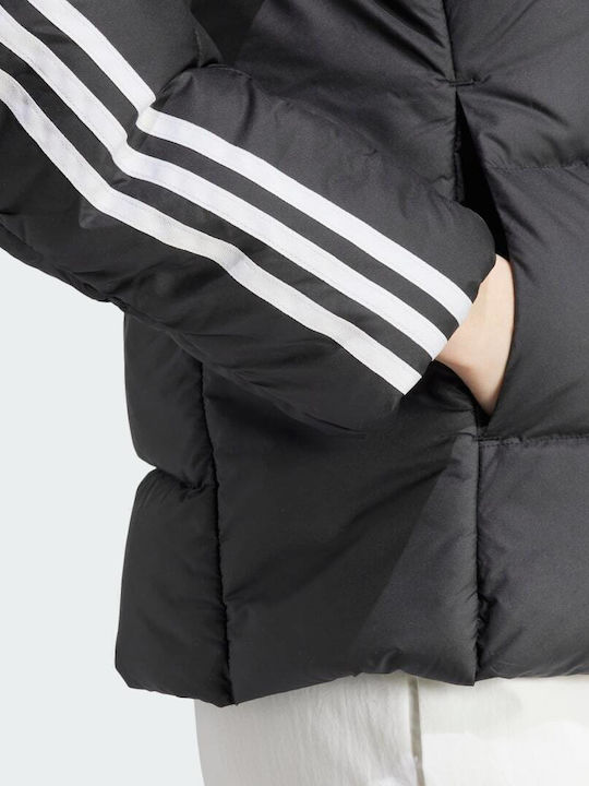 Essentials 3-Stripes Mid Down Women's Short Puffer Jacket for Winter with Hood Black